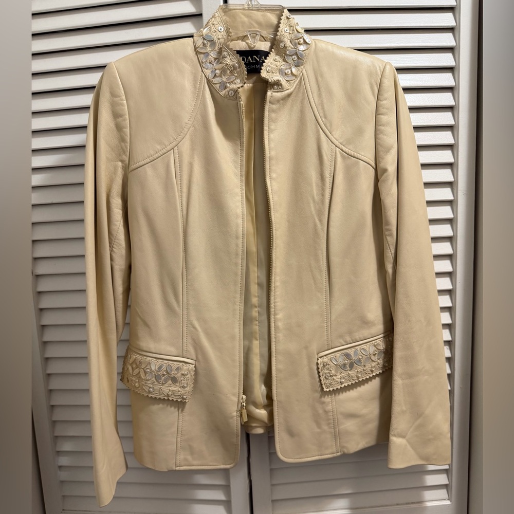 Vintage Dana Buchman Cream Leather Embellished Jacket Beaded Shell Size 2